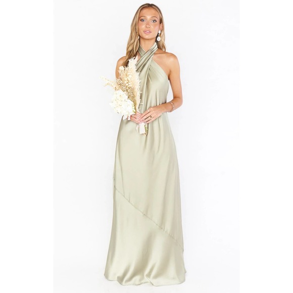 Show Me Your MuMu Dresses & Skirts - Show Me Your Mumu Jasmine Halter Maxi Dress Moss Green Luxe Satin M